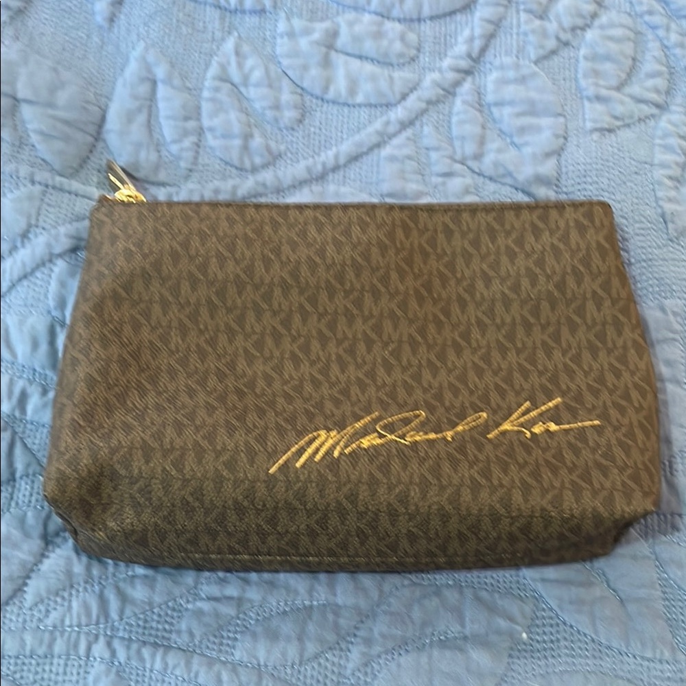 Michael Kors Brown and Gold Cosmetic Bag with Signature Pattern
